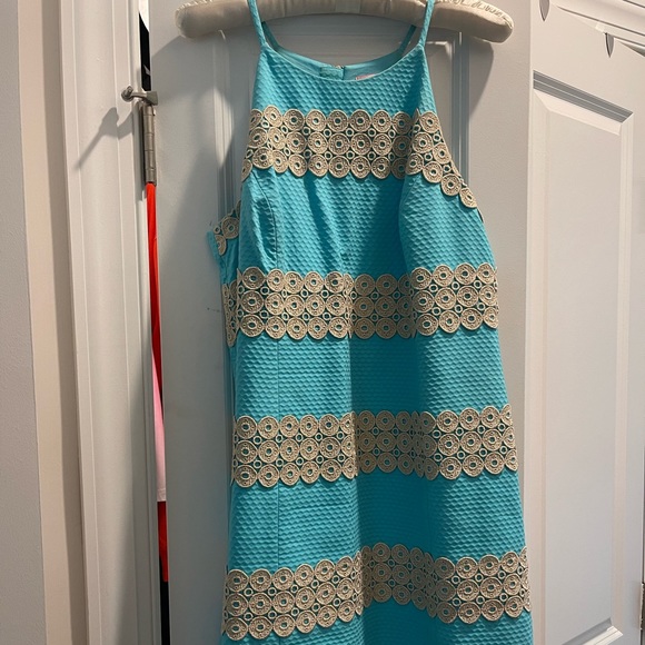 Striped Blue and Gold Lilly Dress - Picture 1 of 5